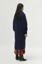 Navy blue bouclé midi coat COMPANIA FANTASTICA - Image 4